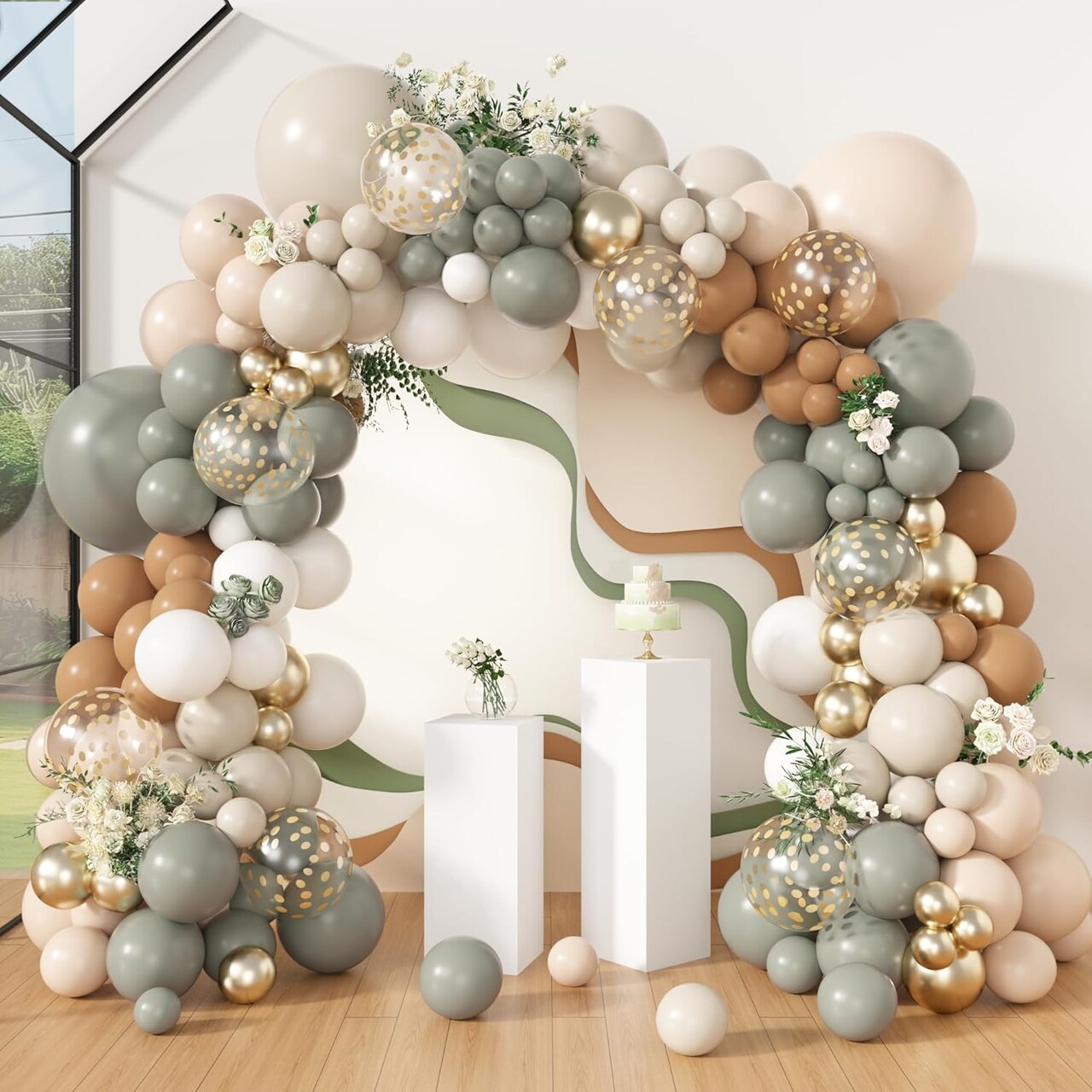 173Pcs Dusty Green Nude Balloon Arch Garland Kit, Blush Cream White Sand Avocado Green Brown Gold Confetti Balloons for Neutral Baby Shower Gender Reveal Decorations